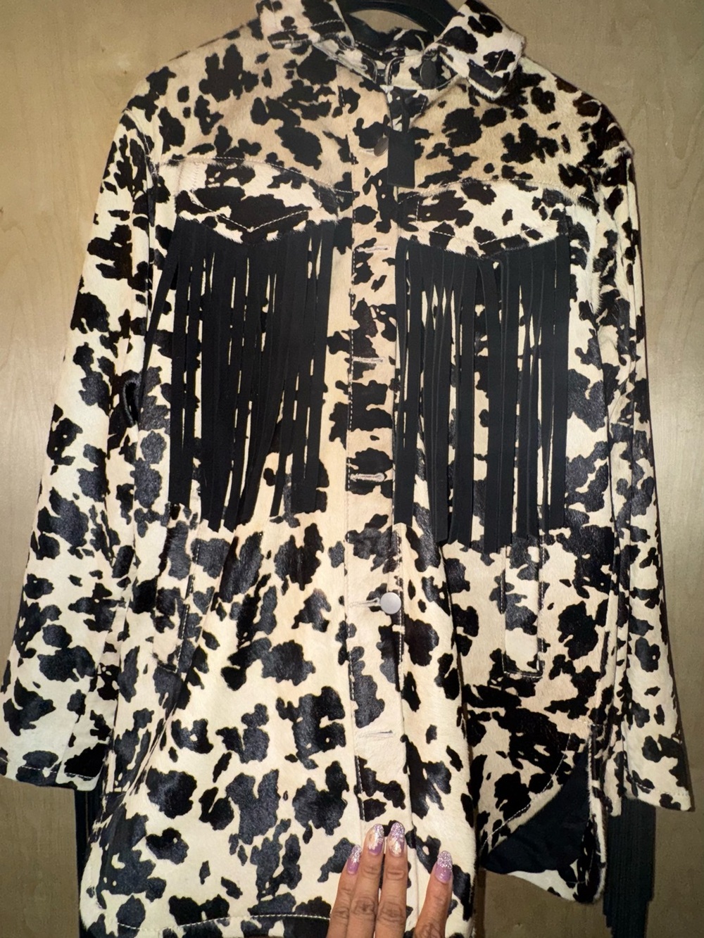 CowHide  Fringe Button-Up Black & Cream
